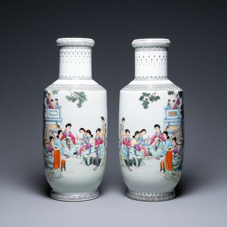 A pair of Chinese famille rose rouleau vases with musicians, Qianlong mark, Republic