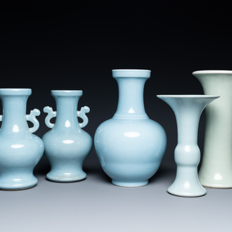 Five Chinese monochrome clair-de-lune and celadon-glazed vases, 19/20th C.