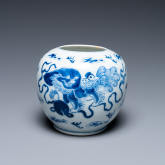 A Chinese blue and white 'Buddhist lions' brush washer, Kangxi mark, 19th C.