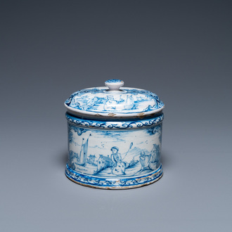 A Dutch Delft blue and white box and cover with fine landscapes, 1st half 18th C.