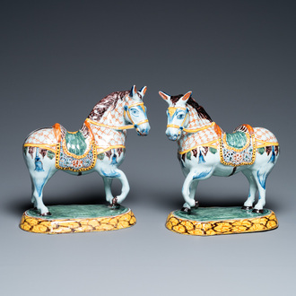 A pair of polychrome Dutch Delft horses, 18th C.