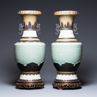 A pair of Chinese Nanking crackle-glazed vases on bronze stands, 19th C.