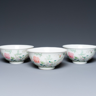 Three Chinese famille rose bowls with floral design, Hongxian mark, Republic