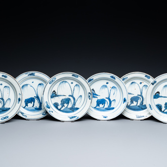 Six Chinese blue and white ko-sometsuke 'oxen' plates for the Japanese market, Transitional period