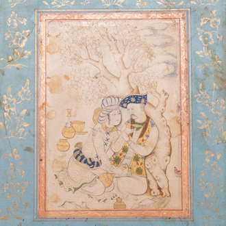Une miniature persane sur papier: 'Couple amoureux se reposant contre un arbre', 18/19ème