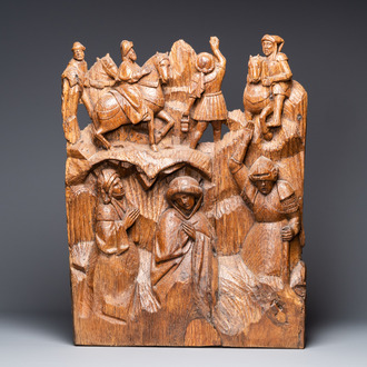Un fragment de retable en chêne sculpté: 'Soldats romains sur le mont Golgotha', Flandres, vers 1500