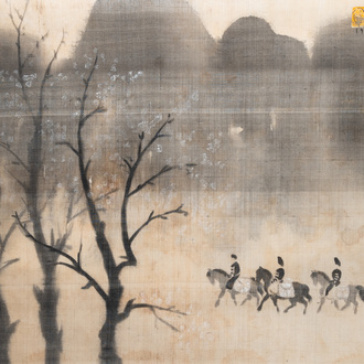 Nguyen Thu (Vietnam, 1930-): 'Cavaliers dans un paysage montagneux', aquarelle sur soie, signé et daté 1988