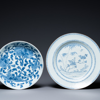 A Chinese blue and white 'Sanduo' dish and a 'Three friends of winter' dish, Kangxi & Yongzheng