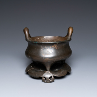 A Chinese bronze tripod censer on lotus stand, Yan Gu Tang mark, Republic