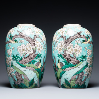 A pair of Chinese verte biscuit turquoise-ground jars, 19th C.