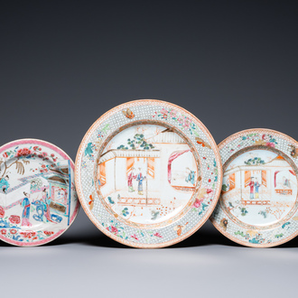 Trois plats en porcelaine de Chine famille rose, Yongzheng/Qianlong