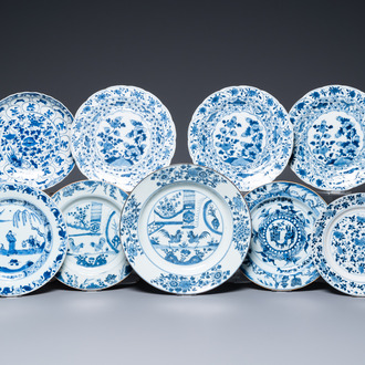 Negen Chinese blauw-witte borden en schotels, Kangxi/Qianlong