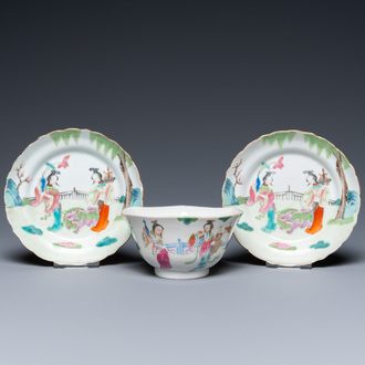 A pair of Chinese famille rose dishes and a bowl, 19/20th C.