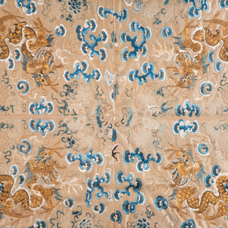 A large rectangular Chinese gold thread-embroidered silk panel decorated with four four-clawed dragons, Qing