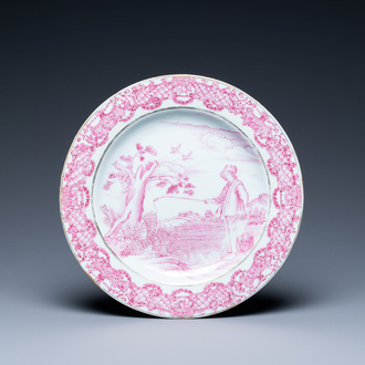 A Chinese puce-decorated 'The young fisherman' plate after Abraham Bloemaert, Qianlong