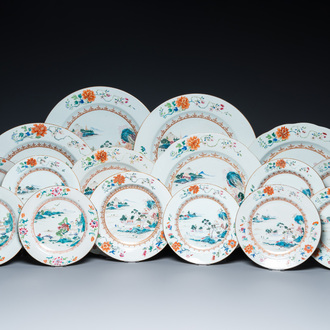 Sixteen Chinese famille rose dishes with fine landscapes, Qianlong