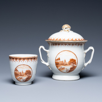 A Chinese covered bowl and a cup with a fine landscape medallion, Qianlong/Jiaqing