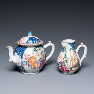 A Chinese famille rose 'Mandarin' teapot and milk jug, Qianlong