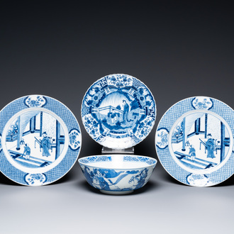 Three Chinese blue and white dishes and a bowl, 19th C.