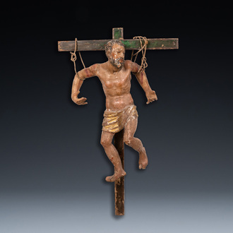 Une figure du Saint Dismas ou 'Le Bon Larron' crucifié en bois sculpté polychromé, Espagne, 16ème