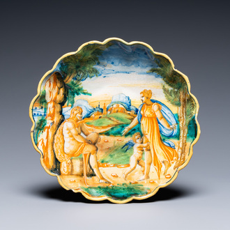 A polychrome Italian maiolica 'Hercules and Omphale' crespina, Urbino, 16th C.