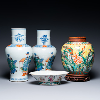 A pair of Chinese famille verte vases, a yellow-ground jar and a famille rose 'Wu Shuang Pu' bowl, 19th C.