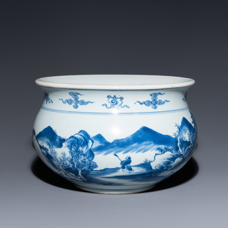 Een Chinese blauw-witte wierookbrander met een bergachtig landschap, Kangxi