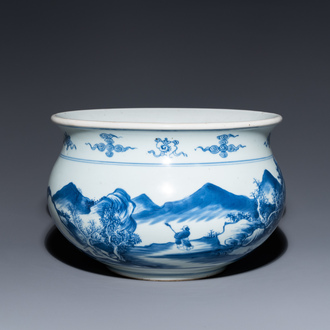 A Chinese blue and white 'mountainous landscape' censer, Kangxi