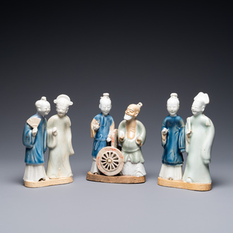 Drie Chinese blauw-witte en celadon-geglazuurde groepen, Qianlong