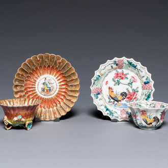 A lobed Chinese gilded famille rose 'lotus' cup and saucer and one depicting roosters, Yongzheng/Qianlong