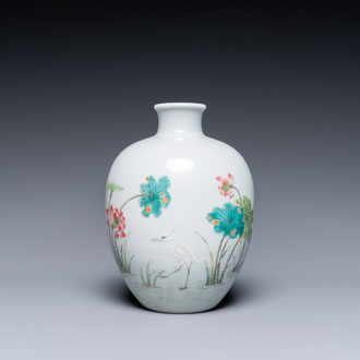 A Chinese famille rose globular 'cranes and lotus' vase, Daoguang mark, Republic