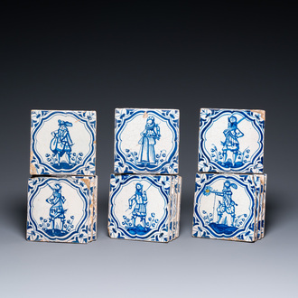 Fourteen Dutch Delft blue and white tiles with mostly Spanish soldiers after Jacob de Gheyn II, 17th C.