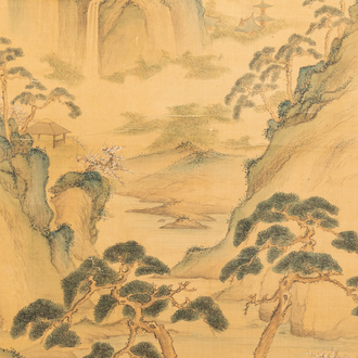 Xiao Ya: 'Paysage montagneux aux pins', encre et couleurs sur soie, 19/20ème
