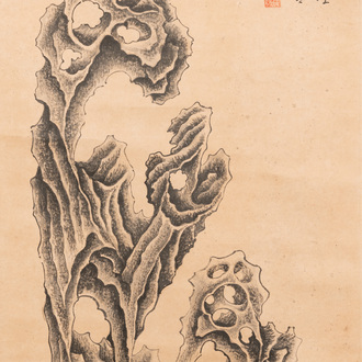 Ecole chinoise, d'après Mi Wanzhong: 'Pierre de lettré', encre et couleurs sur papier, 19/20ème