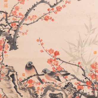 Wu Hufan (1894-1968): 'Des oiseaux parmi des branches fleuries', encre et couleurs sur papier, daté juin 1937