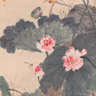 Tian Shiguang (1916-1999) et Yu Fei'an (1889-1959): 'Martin-pêcheur sur fleurs de lotus', encre et couleurs sur papier, daté 1946
