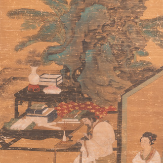 Ecole chinoise: 'Un lettré et sa femme dans le jardin', encre et couleurs sur soie, Ming ou après