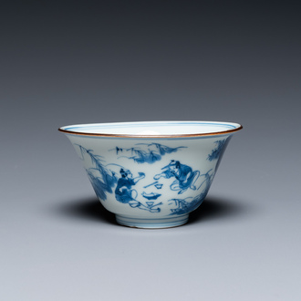 A Chinese blue and white bowl with fishermen at lunch, Chenghua mark, Kangxi