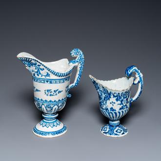 Two blue and white French faience helmet-shaped jugs, Rouen and Nevers, 18th C.