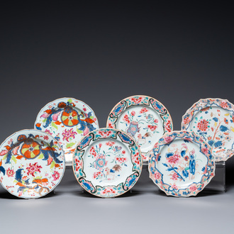 Three pairs of Chinese famille rose plates, Qianlong