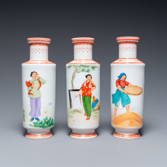 Three Chinese vases with Cultural Revolution design, signed Zhang Wenchao 章文超 and Wu Kang 吳康