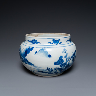 A Chinese blue and white bowl with figures in a landscape, Kangxi