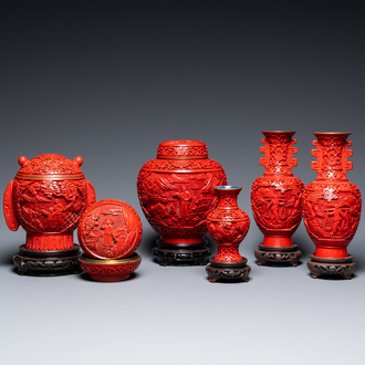 Six Chinese red lacquer pieces with Cultural Revolution design