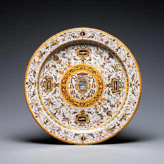 A large Italian maiolica dish with the arms of Cardinal Toschi, Deruta, dated 1609