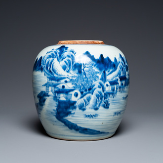 A Chinese blue and white 'mountainous landscape' jar, Kangxi/Qianlong