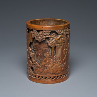 Pot à pinceaux en bronze à double parois, Chine, marque de Xuande, Qing