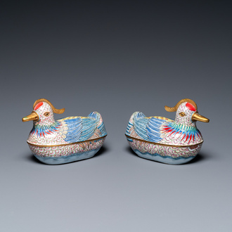 A pair of Chinese Canton enamel censers and covers in the shape of ducks, 19th C.