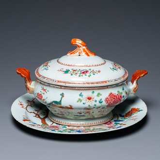 Terrine couverte et sous-plat en porcelaine de Chine famille rose, Qianlong