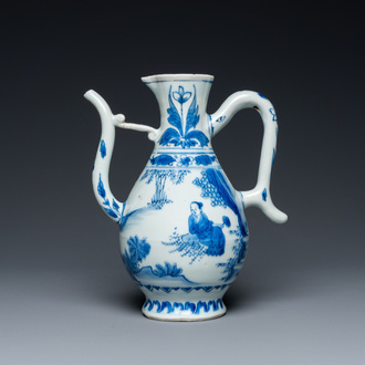 A Chinese blue and white ewer with figures in a landscape, Transitional period