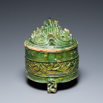 A Chinese green-glazed 'mountain' censer and cover, Eastern Han Dynasty